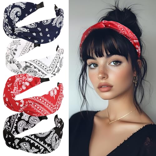 BOOMTOP 4pcs Diadema Mujer Ancha de Paisley, Diadema Tela con Nudo Vintage, Diadema Mujer de Moda Colores, Diadema Pelo Mujer Cabeza Chica, Diadema Pelo Boho para Fiesta Maquillaje, 4 Colores