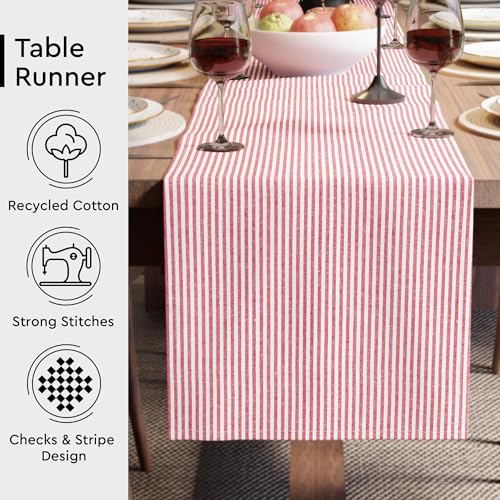 Image of Encasa XO Cotton Table Runner for 4 Seater | Size 13x59 in | Ticking Red - Machine Washable & Durable