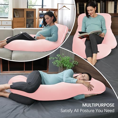 Image of MOON PARK Pregnancy Pillows for Sleeping - U Shaped Full Body Maternity Pillow with Removable Cover - Support for Back, Legs, Belly, Hips - 57 Inch - Pink - Cooling Cover