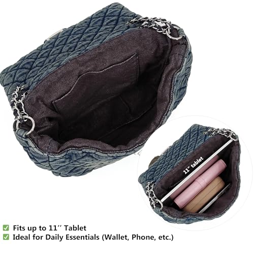 Image of M-ioi-M Small Quilted Denim Purse, Shoulder Bag for Women, Crossbody Flap Tote, Double Silver Chain Strap Trendy Hobo, Vintage Retro Washed Jean Handbag, Casual Everyday (Vintage Blue, Small)
