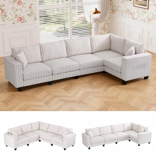 Image of 126 inch Stripe Pattern Sectional Corner Sofa with Storage Armrests & 2 Pillows, Oversized Modular Couch L-Shape Sofa Upholstered L-Shape Couch 5-Seat Sectional for Living Room, Apartment, Bedroom