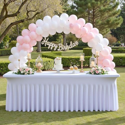 Image of 2 pk White Spandex Table Cloth Rectangle 8ft with Ruffle Skirt,Wrinkle Free High-Stretch Fitted Tablecloths for 8 Foot Rectangle Tables,Elastic Spandex Table Covers 8 ft for Parties Weddings Banquet