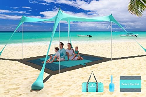 Pop Up Beach Tent Sun Shelter UPF50+, Windproof Sun Shade with Beach Blanket, Outdoor Shade Canopy for Camping Trips,Fishing,Picnics,Backyard (10x10 FT 4 Poles, Turquoise)