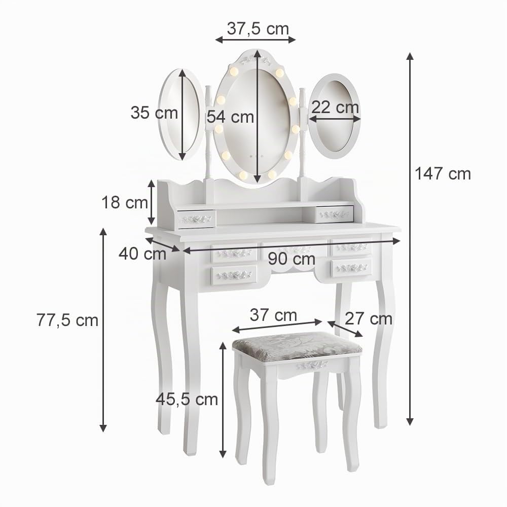 Vicco Tavolo da toeletta Diana, Bianco, 90 cm | con illuminazione e sgabello, con illuminazione LED e sgabello, specchio regolabile in altezza