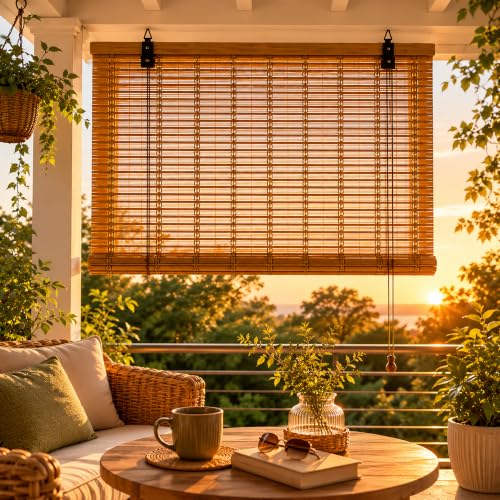 Bambusrollo Outdoor Wetterfest nach Maß Bambus Rollo Außenbereich für Balkon Terrasse Fenster Tür wasserabweisender Sichtschutz und Sonnenschutz lichtfilterndes Natur Bambusrollo mit Bohrmontage