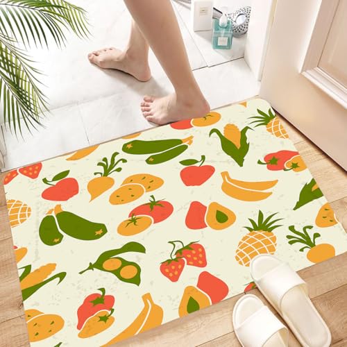 HKPOEQ Alfombra de Baño Antideslizante 60x90 cm,Comida Vegetariana. Diseño de Fondo con Verduras estilizadas.,Microfibra Súper Absorbente y Suave, Alfombrilla Lavable y Ducha o Bañera