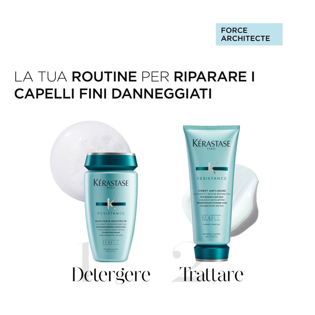 Kérastase, Résistance, Routine Ristrutturante per Capelli Danneggiati, Indeboliti e Stressati, Con Tecnologia Vita-Ciment, Shampoo Bain Force Architecte + Balsamo Ciment Anti Usure