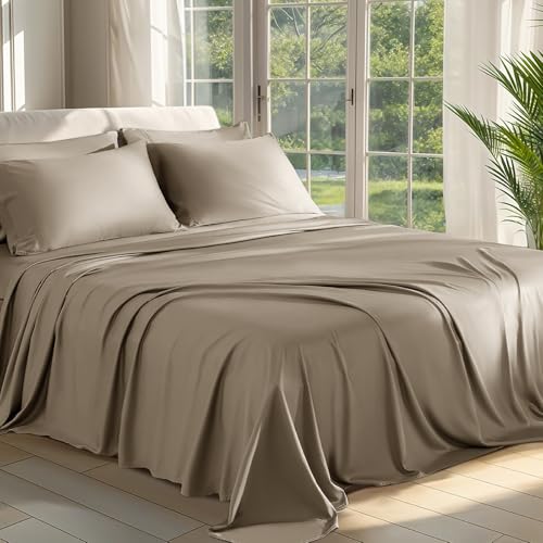 Shilucheng 100% Viscose Derived from Bamboo_ Sheets Queen Size 6pcs - Ultra Cooling & Silky Soft Bed Sheets, 16" Deep Pocket, Perfect for Hot Sleepers, Hotel Bedding Sheets (Simply Taupe)
