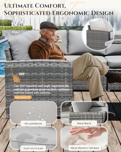 Image of U-MAX 7 Pieces Patio Furniture Set with Waterproof Cover, Outdoor Sectional Sofa Conversation Set, All Weather Wicker Rattan Dining Table & Chair with Ottoman, Grey Rattan&Light Grey Cushion