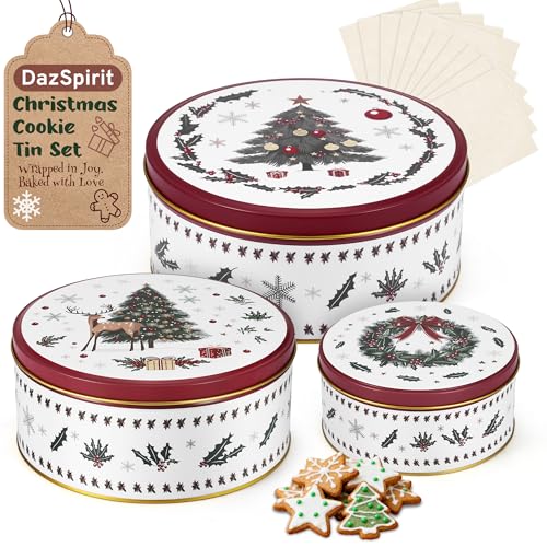 DazSpirit Weihnachtskeksdosen Set aus Metall, Keksdosen mit Deckel für Weihnachten, Plätzchendose & Weihnachtsgebäck Dose, Aufbewahrung für Kekse und Süßigkeiten, 3 Größen, inkl. 10 Blatt Backpapier