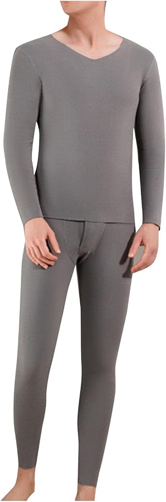 Mens Fleece Lined Pajamas Sets Thermal Underwear Long Johns Warm V Neck Shirts and Pants Sleep Set for Cold Weather