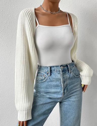 Image of Women's Long Sleeve Open Front Knitted Crop Cardigan Drop Shoulder Knit Bolero Shrug Sweater