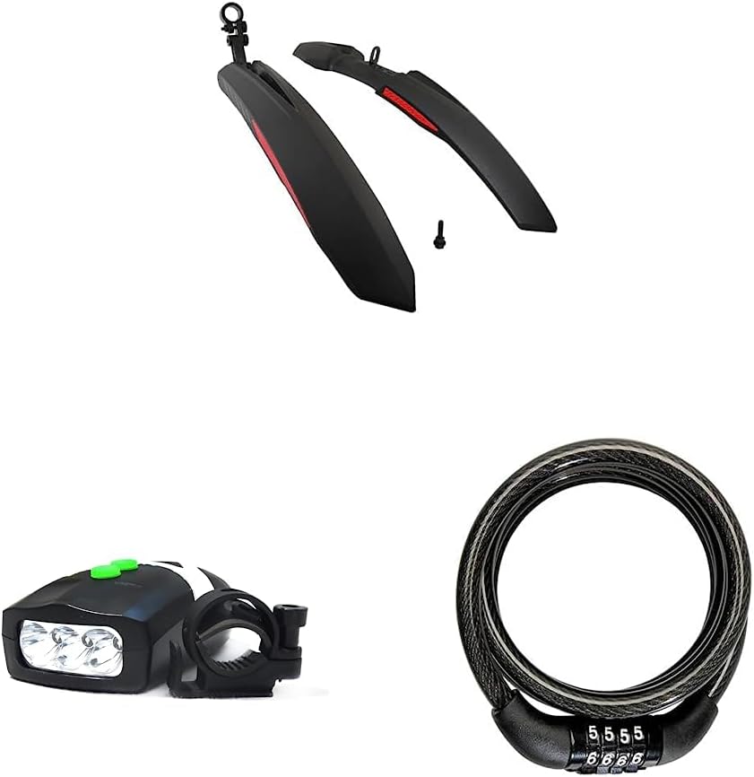 Leader Bicycle Mudguard, Bell with 3 led Light and 4 Digit Number Lock Accessories Combo