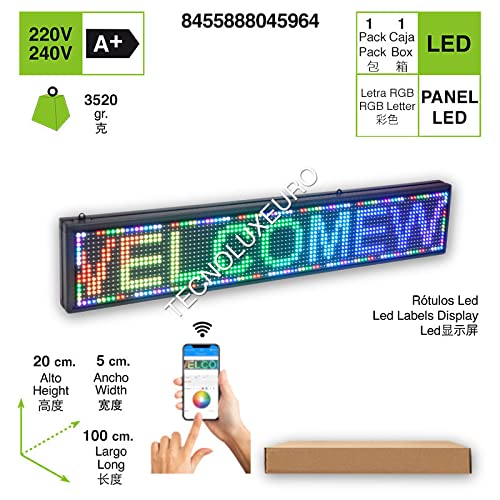 TECNOLUX EURO RÓTULO LED ELECTRÓNICO Aluminio Pantalla Letras RGB 100 CM X 20 CM X 5 CM