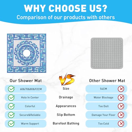 Image of Square Shower Mat Non Slip: 24 x 24 Inch Soft Loofah Shower Stall Mat with Center Drain Hole - Secure Stand Up Shower Grip Pad for Inside Shower