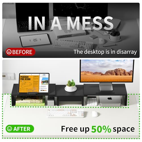 AFOOYO 43.3 Inch Dual Monitor Stand with Laptop Tray & Drawer, Ergonomic Height Angles Laptop Stand, MDF Desk Shelf for MacBook Dell HP Lenovo 10-17.3" Laptops, Black - image 4