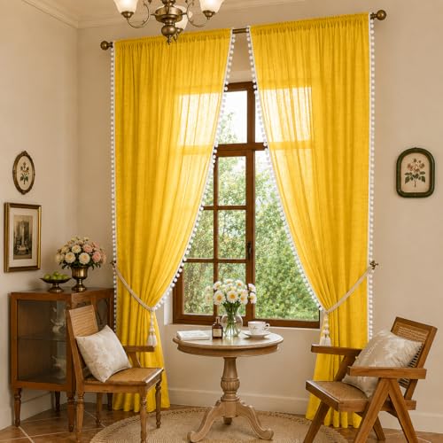 Image of THE LINEN COMPANY Cotton Curtains Net Curtains with Pom Pom Lace Rod Pocket Sheer Curtains Light Filtering Window Curtains Living Room Curtains Lemon 10 Ft Pack of 2