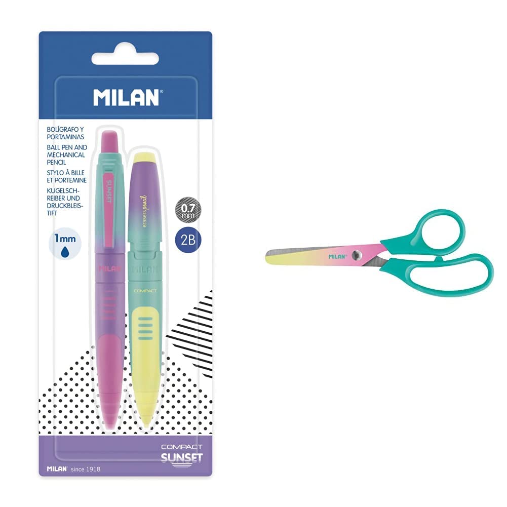 MILAN Blíster 1 bolígrafo + 1 portaminas COMPACT Sunset & Blíster tijeras Basic edición Sunset, mango turquesa