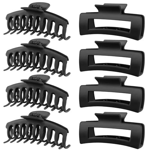 TOCESS 8 Pack Black Big Hair Claw Clips for Women Large Claw Clip for Thin Thick Curly Hair 90's Strong Hold 4.33 Inch Nonslip Matte Jumbo Hair Clips