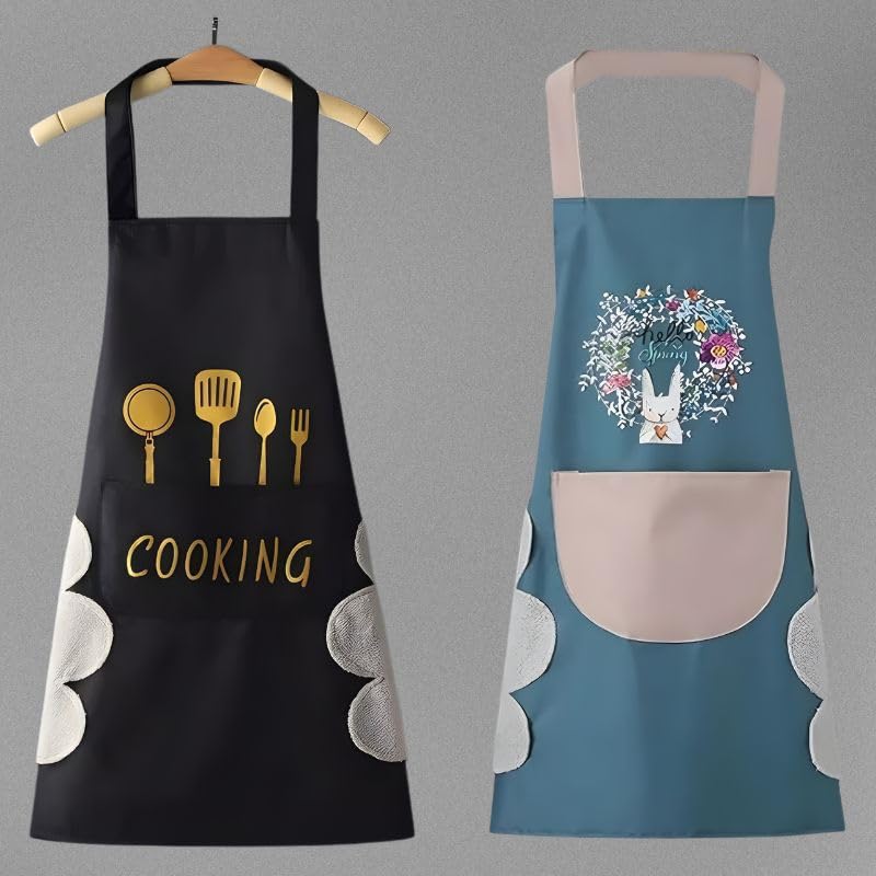 Image of VELVERI Waterproof Kitchen Cooking Apron for Women Men | Adjustable Bib with Hand Towel Wiping Patch | Large Pocket Oil & Stain Resistant | Cute Cartoon Rabbit Design