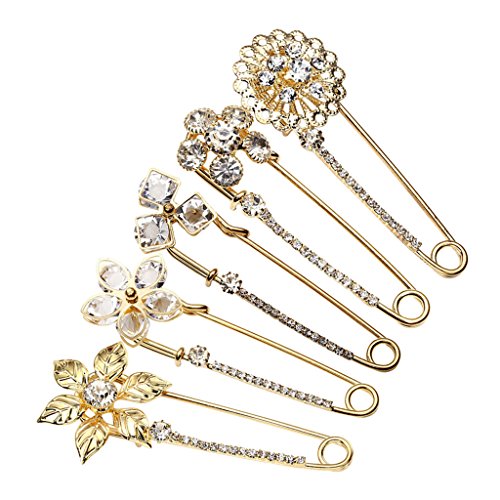 Top Plaza Mothers Day Gift Pack of 5 Women Fashion Rhinstone Crystal Accented Golden Safety Pin Jewelry Brooch Breastpin - Catch Scarf,Lapel or Collar(#3)