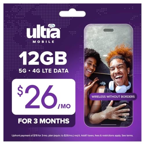 Image of Ultra Mobile 12GB Prepaid SIM Kit, 3-Month Plan on the T-Mobile 5G Network