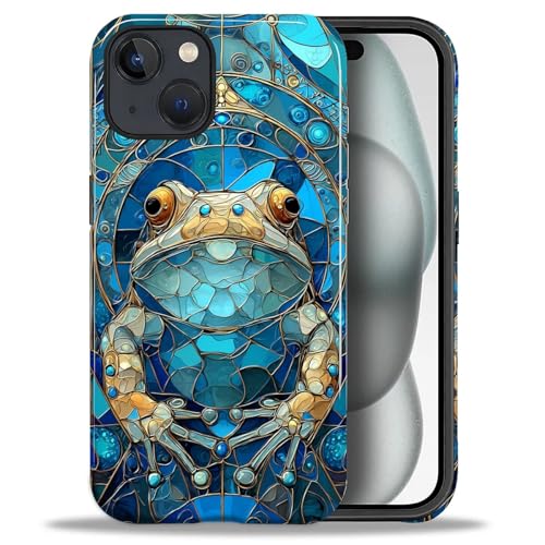 ZHEGAILIAN Case for iPhone 15 Plus,Shockproof Hard Shell + Soft Silicone 2 in 1 Hybrid,Shockproof Bumper Drop Protective - Blue Frog Stained Glass