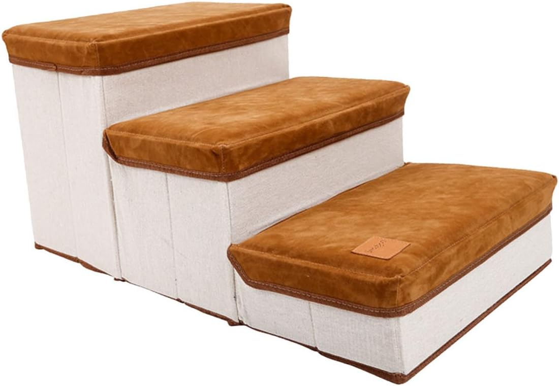 Foldable Three-Step Pet Ladder Dog Stair for Indoor Use with Storage Case, Portable Puppy Stair for Small Dogs, Brown