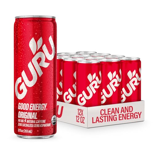 Image of GURU Energy Drink Original, Organic Sparkling Energy Drink, 140 MG Natural Caffeine for Workouts, Performance & Midday Boost, Plant Based, Gluten Free, Vegan, 12 Fl Oz, 12 Pack.