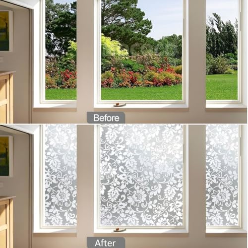 Image of MOCOCO Premium Vinyl Privacy Stained Frosted Window Glass Film (16x84 Inch) - Self-Adhesive Tint Wallpaper Sticker Opaque Sheet for Glass Cover Window, Door, Office, Home.| Anti-UV. White Flowers