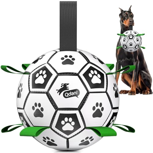 Image of QDAN 10 Inch Gaint Dog Soccer Ball with Straps, Durable Large Dogs Balls | Outdoor Big Dog Toys, Herding Balls for Large Dogs, Puppy Toy for >100 lbs Dogs, Interactive Training Soccer, Pool Water Toy