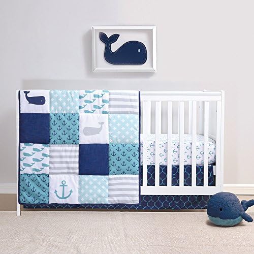Nautical 4 Piece Whales Baby Crib Bedding Set for Boys Includes Plush Animal Whale