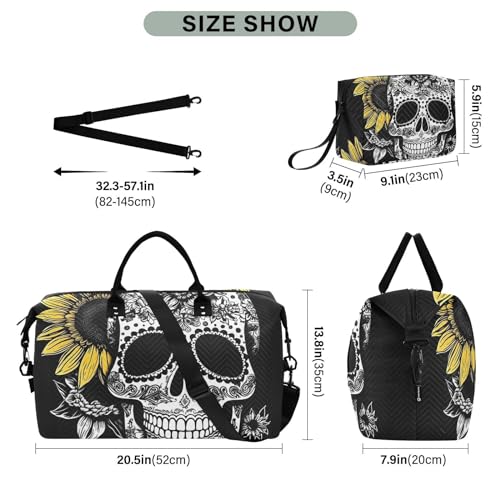 Large Travel Duffel Bag, Yellow Sunflower and Skull Sports Tote Gym Bag, Shoulder Weekender Overnight Bag for Women Men, Carry On Luggage with Toiletry Bags3