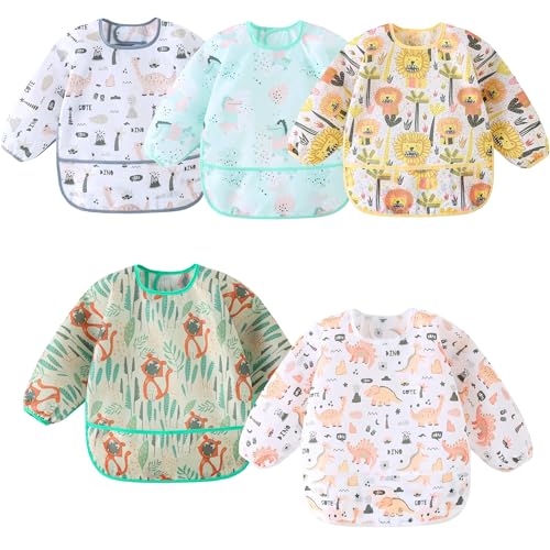 Hafftnun Bavoirs à Manches Longues Imperméables,Lot de 5, Tablier Peinture Enfant aux Enfants de 5 Mois à 3 Ans (5 Pcs Set A)