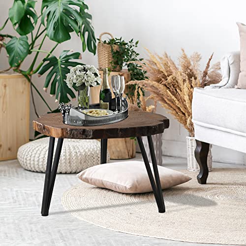 HOMPUS Small Coffee Table, MgO & Concrete Outdoor Side Table with Wood Grain Finish, Round End Table with Artificial Imitated Tree Ring Pattern Table Top for Outdoor Indoor Use, Patio, Garden - Thumbnail 4