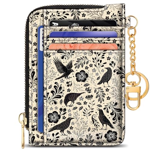 Image of GIANCOMICS Slim Wallet Credit Card Holder Women, Goth Crow Rfid Blocking Small Card Case, Keychain Thin Pocket Curved Zipper Wallet, Travel Card Holder PU Leather ID Window, Ladies Female Gifts