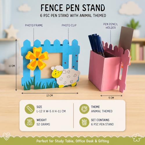 Image of GOLD LEAF Wooden Pen Stand with Photo Frame DIY Craft Kit for Kids, Multicolor Birthday Return Gifts, Desk Organizer, Paintable Wooden Pencil Holder, Pack of 6 (Fence)