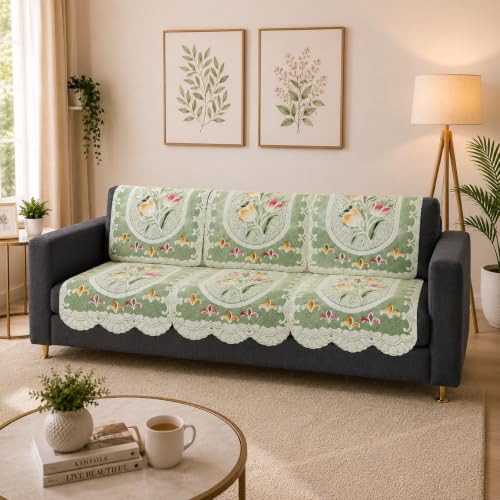 Image of STITCHNEST Florenza Blue 10 Piece Cotton Net Sofa Slip Cover |5 Seater