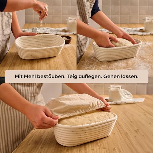 Foto von Praknu Gärkorb Oval 28cm - Set mit Bürste, Leinentuch & Brotbeutel - Brotkorb aus nachhaltigem Rattan - Zum Brotbacken - Brot Backen Zubehör