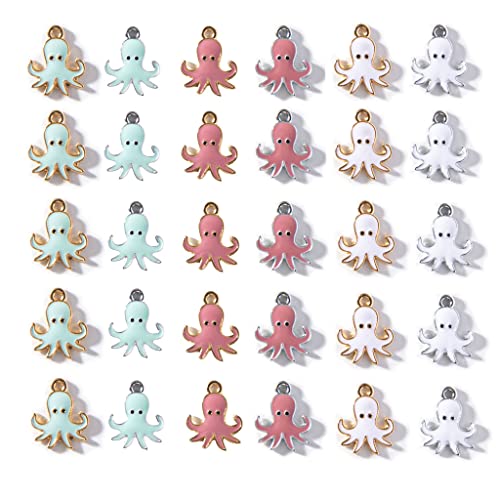 30 Stück Oktopus-Anhänger für Schmuckherstellung, DIY-beschichtete Emaille-Cartoon-Oktopus-Anhänger für Ohrringe, Halsketten, Armbänder, Schlüsselanhänger, Bastelzubehör, 13 x 17 mm, 6 Stile Cover
