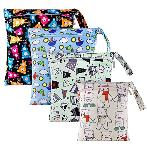 BelleStyle Bolsa de Pañales, 4 PCS Bebé Reutilizable Impermeabilizan Bolsa con 2 Cremallera Impermeable para Mamá de Bebé, Wetbag Organizador de Pañales de Playa,Viajes,Piscina,Gym