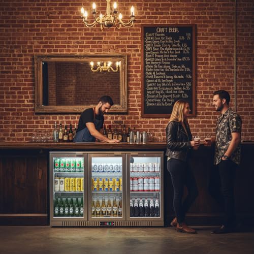 Image of BODEGA BODEGACOOLER Back Bar Cooler, 11.4 Cu.Ft Stainless Steel Commercial Bar Fridge with 3 Glass Doors,Counter Height Bar Beverage Cooler with LED Lighting for Beer,Soda Drinks,Wine