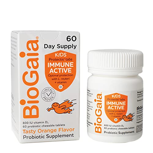 BioGaia Protectis Immune Active Kids Probiotic | Clinically Proven Probiotic + Vitamin D | Supports Immune, Digestive & Overall Health | Kids Probiotic | Orange Chewable Tablets | 60 Day Supply