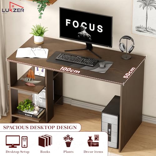 Image of Lukzer Engineered Wood Computer Desk with One Tier Shelves Laptop Study Table for Office Home Workstation Writing Modern Desk (ST-007 / Wenge / 100 x 50 x 77 cm)