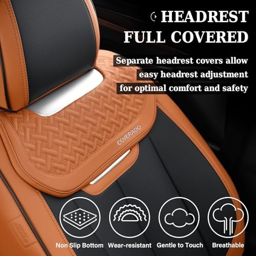 Image of Coverado Car Seat Covers Full Set, Breathable Nappa Leather Seat Covers for Cars, Automotive Seat Covers, Waterproof Front and Back Car Seat Protector Universal Fit Most Cars(Brown&Black)