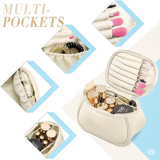 Image of Large Toiletry Bag, Waterproof Travel Cosmetic Organizer with Handle, Wide Open Makeup Pouch(Beige)