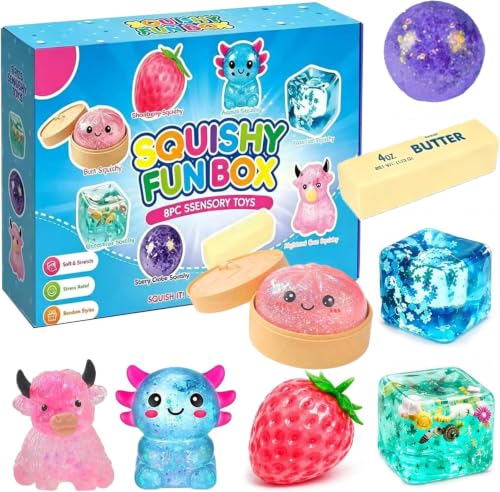 8 Piece Squishy Mystery Fun Box Set Blind Box Malt Sugar Creative Slow-Return Squishies Pack Fidget Relief Hand Relax Desk Decor Party Favor Gifts for Adult (#B)