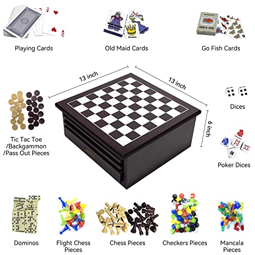 Board Game Set, Wooden15 In 1 Tabletop Game Center With Storage Drawer For Family Night Gift (Checkers, Chess, Parcheesi, Tictactoe, Snakes And Ladders, Mancala, Backgammon, Playing Cards, Dominos) #TOP1