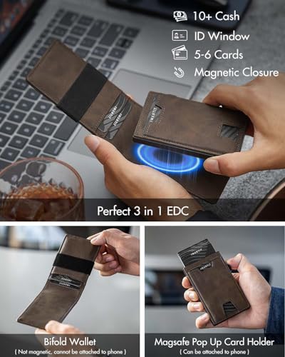Image of iwantit 3 in 1 MagSafe Wallet Men: Slim Bifold Money Clip + Smart Pop up Card Holder - Cash Strap, Men's Minimalist Magnetic Wallet, ID Window, Premium Leather (Nubuck Brown)