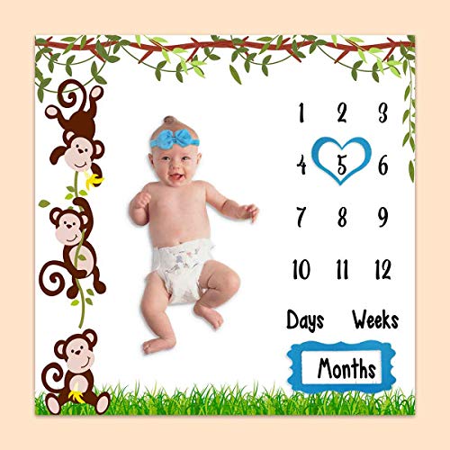 Phmojen Baby Monthly Milestone Blanket, Spring Woodland Funny Monkeys Age Blanket For Nursery, Unisex For Newborn 1-12 Months, Includes 4 Frame And 1 Headband 47"X47" Btlsph448 #TOP2